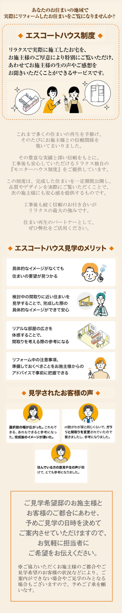 これまで多くの住まいの再生を手掛け、そのたびにお施主様との信頼関係を築いてまいりました。 その豊富な実績と深い信頼をもとに、工事後も安心していただけるリラクス独自の『モニターハウス制度』をご提供しています。 この制度は、完成した住まいを一定期間公開し、品質やデザインを実際にご覧いただくことで、次の施主様にも安心感を提供するものです。 工事後も続く信頼のお付き合いがリラクスの最大の強みです。 住まい再生のパートナーとして、ぜひ弊社をご活用ください。 